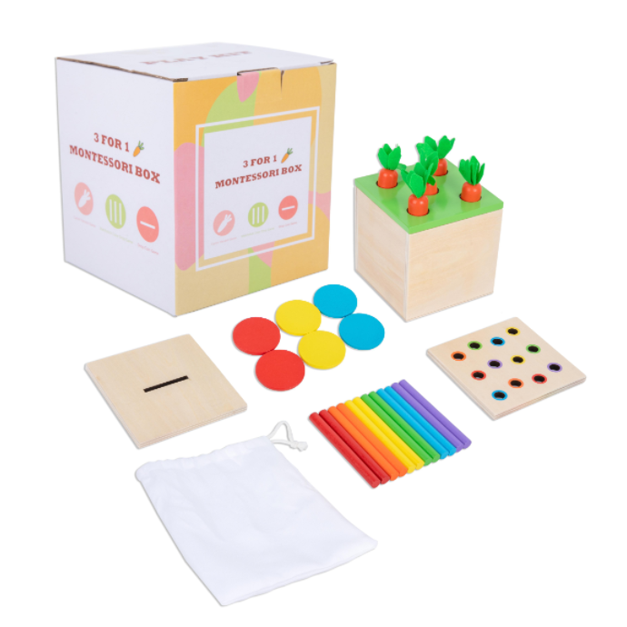 3 in 1 Toddler Play Kit Coin Box,Carrot Harvest Game and Matchstick Color Drop Game I160K-1